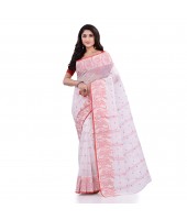 DESH BIDESH Women`s Traditional Pure Handloom Cotton Saree Flower Floral Woven Designer Without Blouse Piece(White)